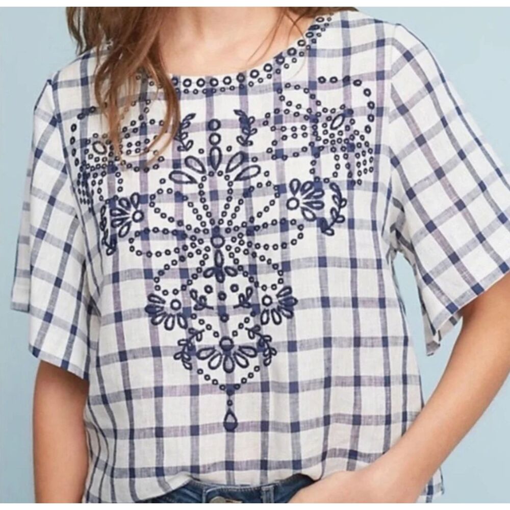 Anthropolgie Moon River April Embroidered Gingham Cropped Plaid Top Size L